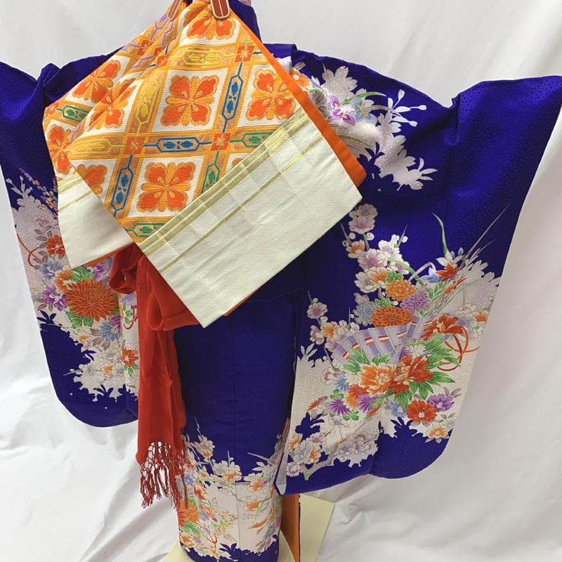 601ag48□七五三 七歳 女児 着物&袋帯 金彩 扇に花 青□美品 - メルカリ