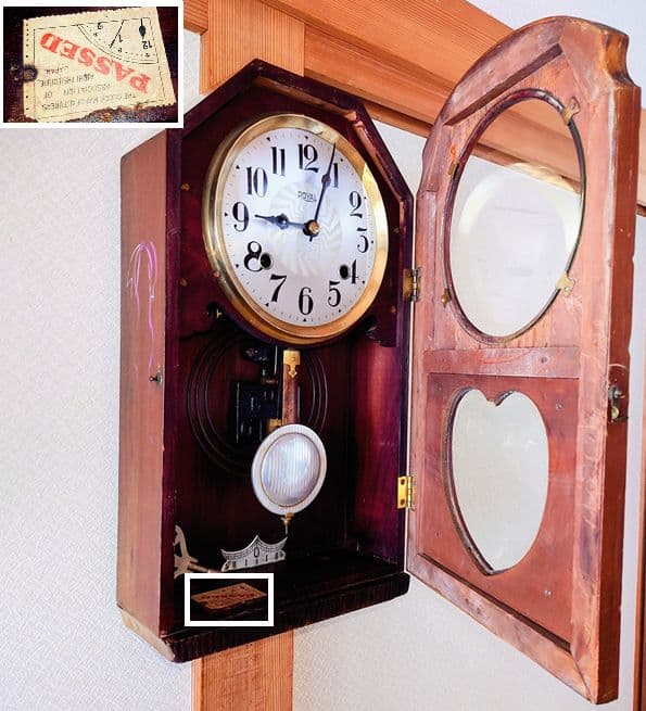 〈完動・美品〉ローヤル時計一点物特注品　ハート型面取り硝子ゼンマイ振り子掛け時計