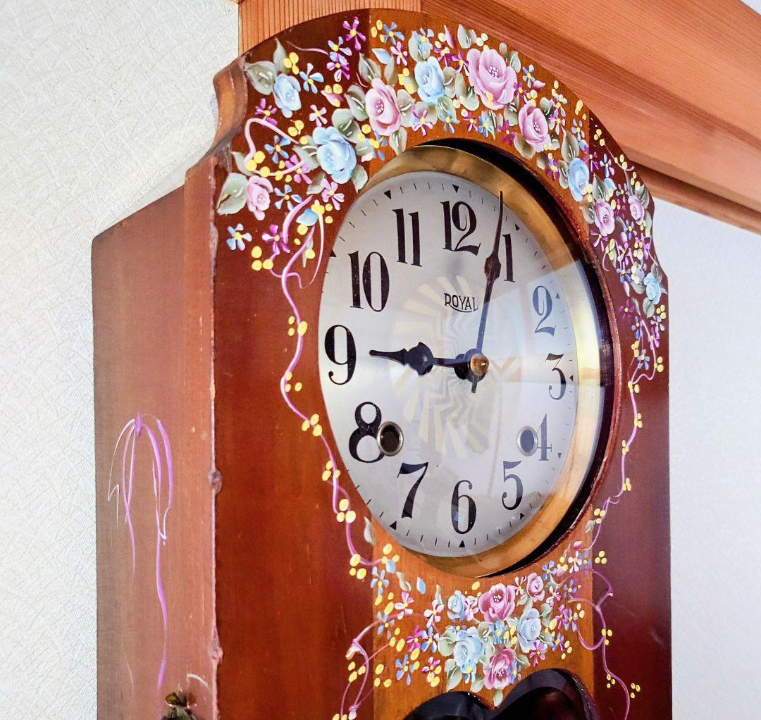 〈完動・美品〉ローヤル時計一点物特注品　ハート型面取り硝子ゼンマイ振り子掛け時計