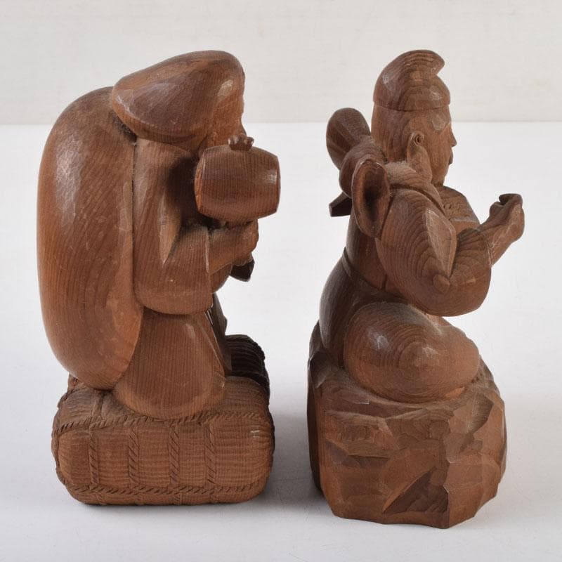 木彫　欅製　恵比寿像　大黒像　一双　在銘　共箱　C　9145