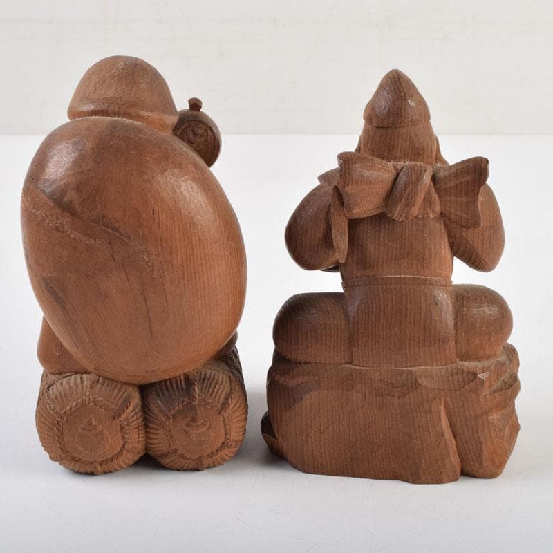 木彫　欅製　恵比寿像　大黒像　一双　在銘　共箱　C　9145