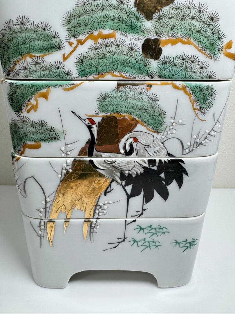 松峰窯 重箱 四段 松・鶴図 在銘
