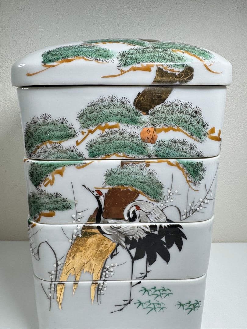 松峰窯 重箱 四段 松・鶴図 在銘
