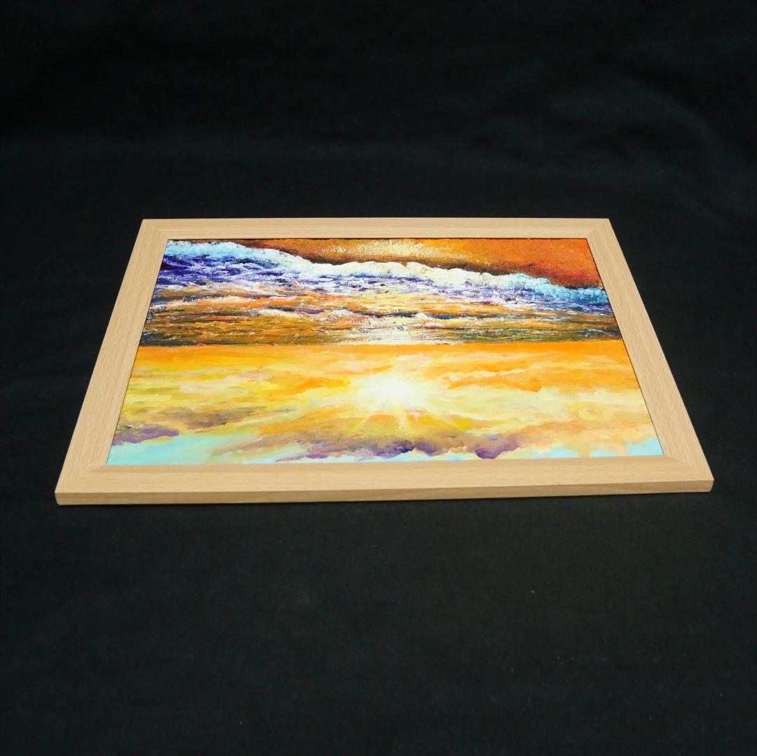 油絵 油彩 油彩画 絵 絵画【夕日に染まる海】A4