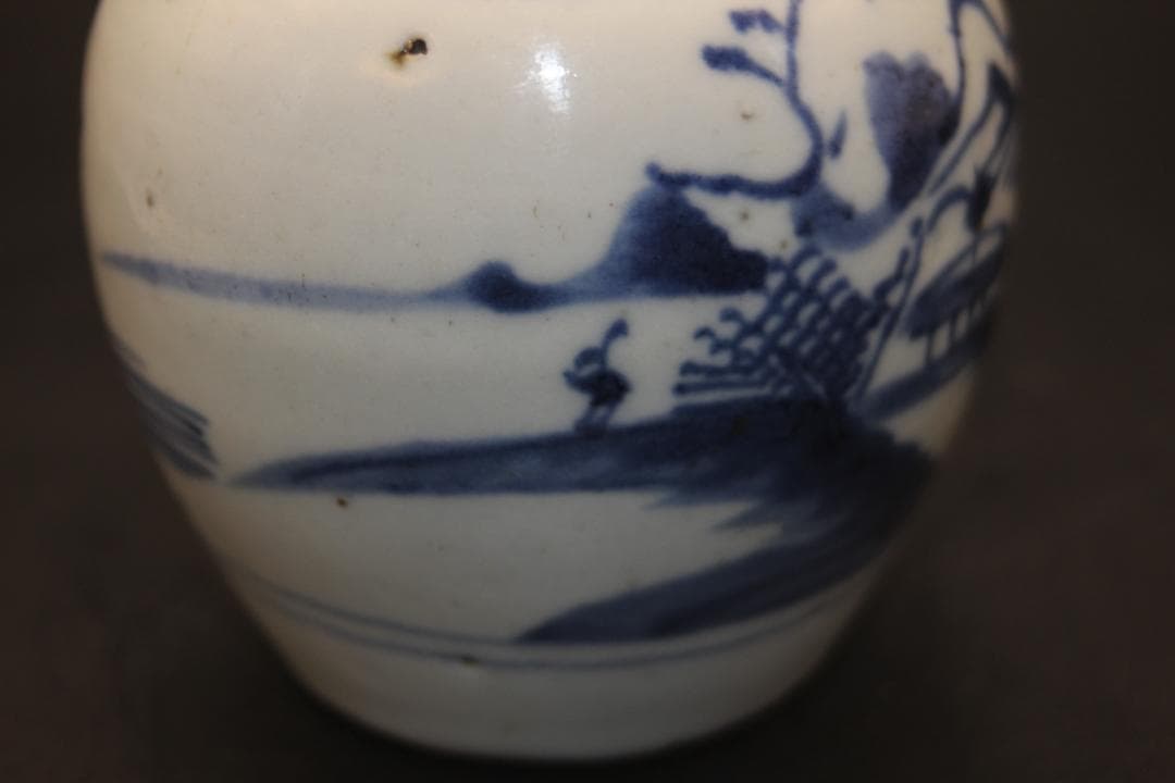 海】古染付 清時代 人物山水絵中壺 本物保証！ 骨董品 時代品 美術品