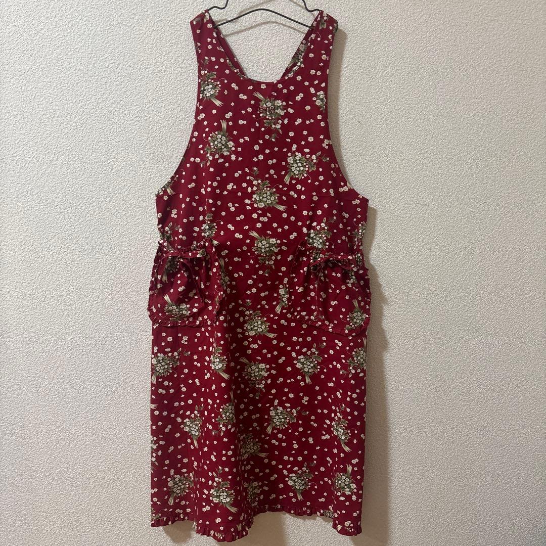 極美品　PINK HOUSE 花柄エプロン ブーケ　赤　ダブリエ　フリル　リボン