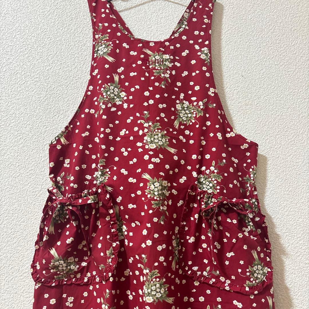 極美品　PINK HOUSE 花柄エプロン ブーケ　赤　ダブリエ　フリル　リボン