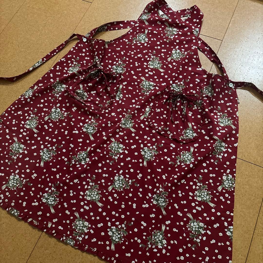 極美品　PINK HOUSE 花柄エプロン ブーケ　赤　ダブリエ　フリル　リボン