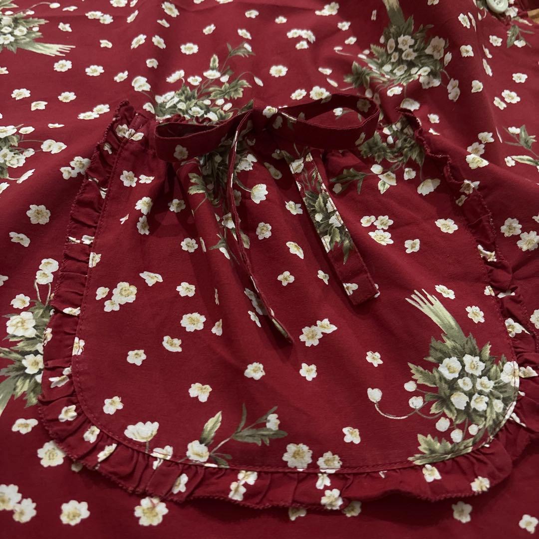 極美品　PINK HOUSE 花柄エプロン ブーケ　赤　ダブリエ　フリル　リボン