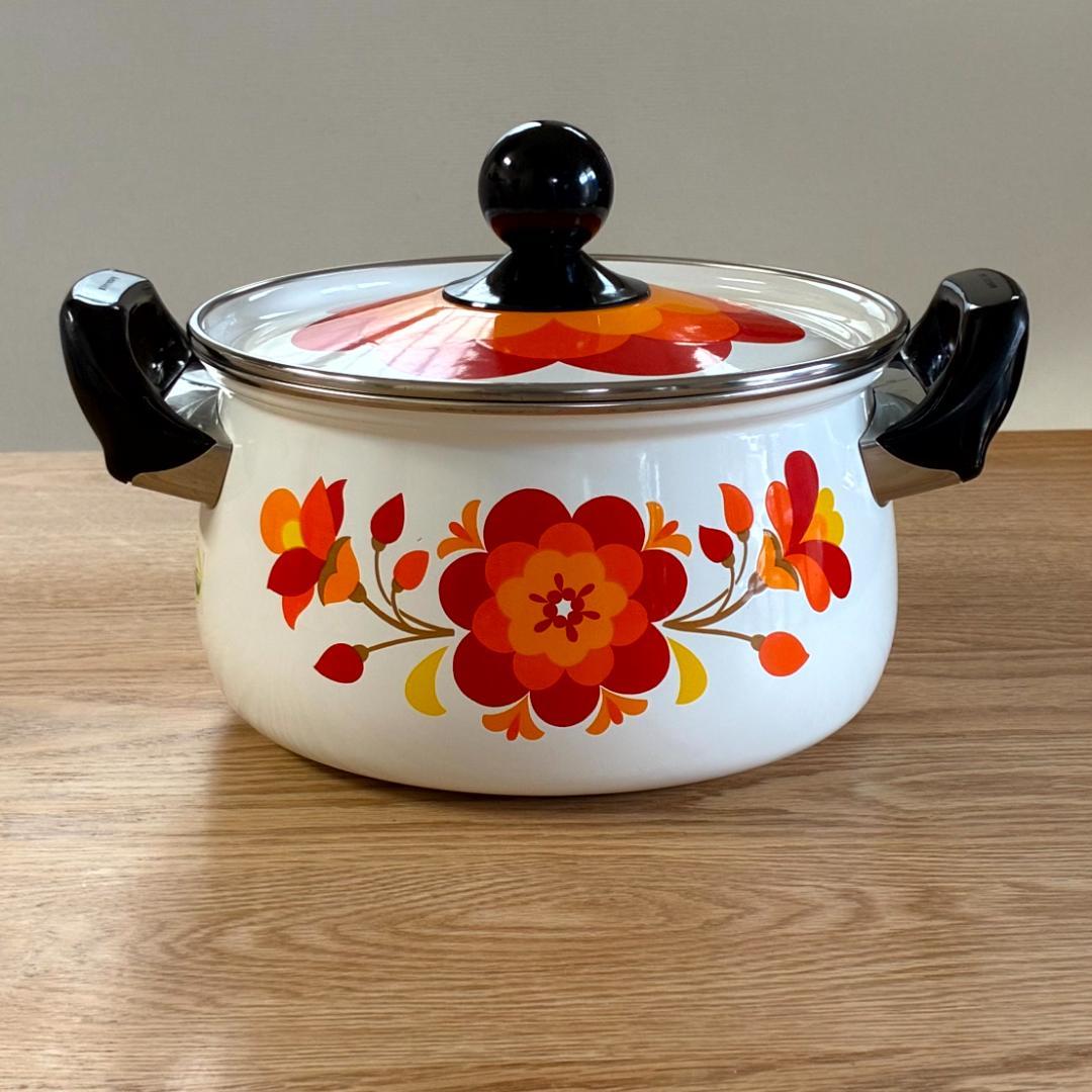 昭和レトロ マルビシ ホーロー フィオーレ 花柄 両手鍋 20cm 未使用品