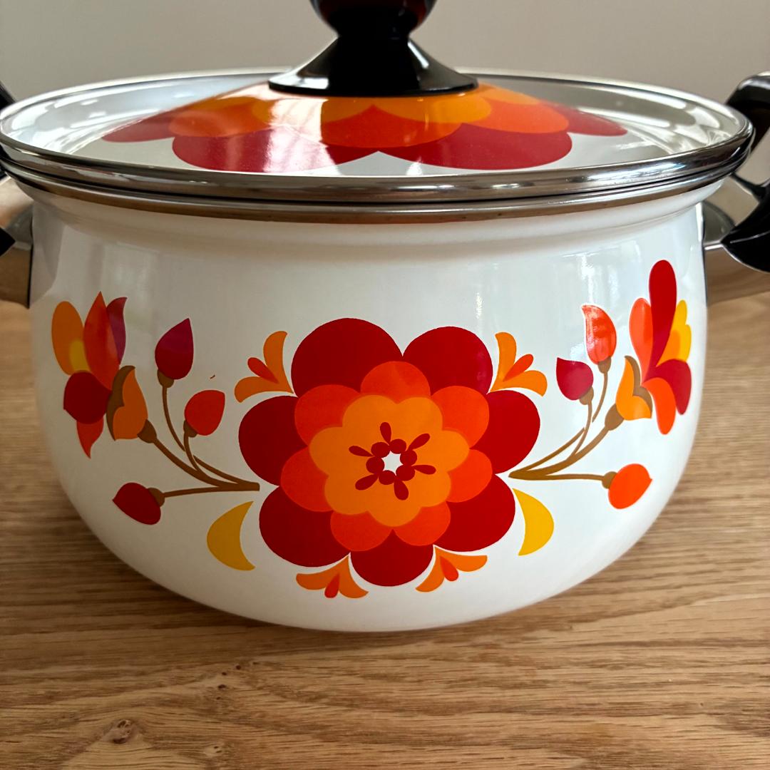 昭和レトロ マルビシ ホーロー フィオーレ 花柄 両手鍋 20cm 未使用品
