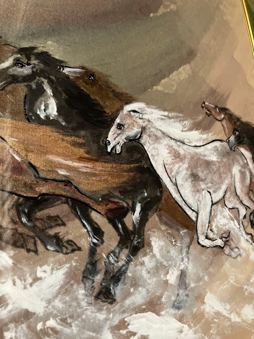 佐藤暢芳作、馬、シルク、絵画、サイン、落款