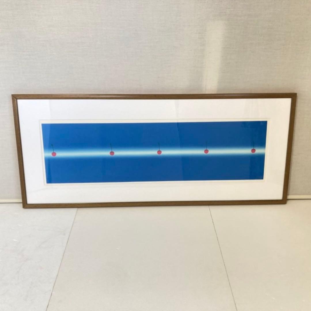 中村憲之 さくらんぼ シルクスクリーン 大型 横長 青色 ポップ モダン レトロ