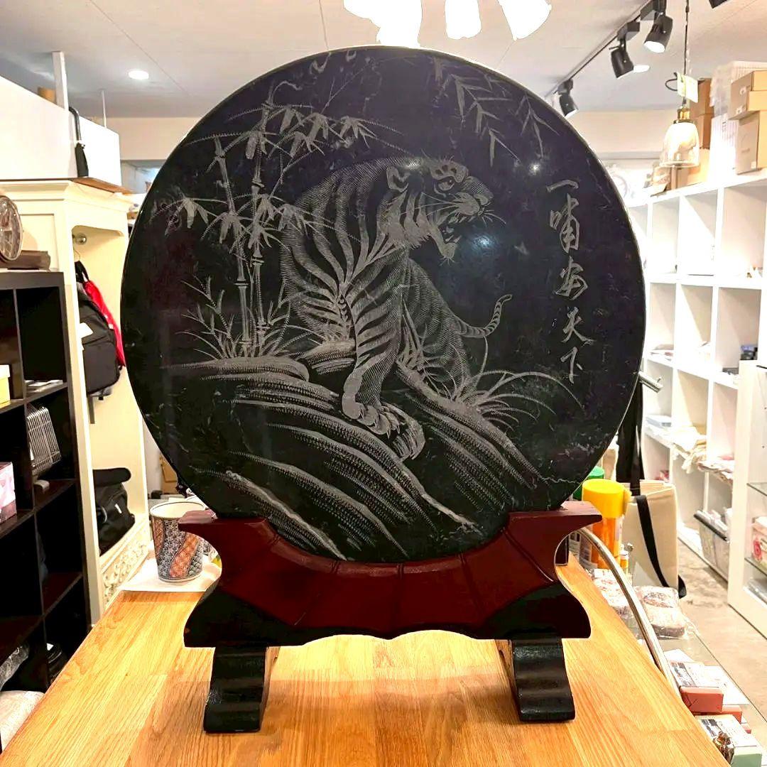 大理石 安天下 丸型 石版 彫刻 虎 竹林 大理石 骨董 中国美術 ヴィンテージ