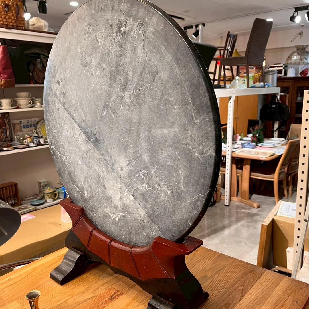 大理石 安天下 丸型 石版 彫刻 虎 竹林 大理石 骨董 中国美術 ヴィンテージ
