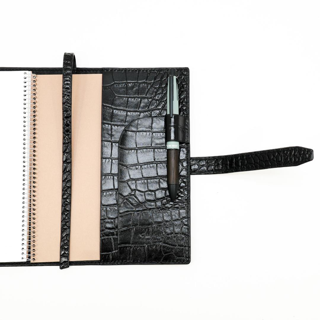 本革　A5手帳・ノートカバー　ワニ型押し　ブラック　黒
