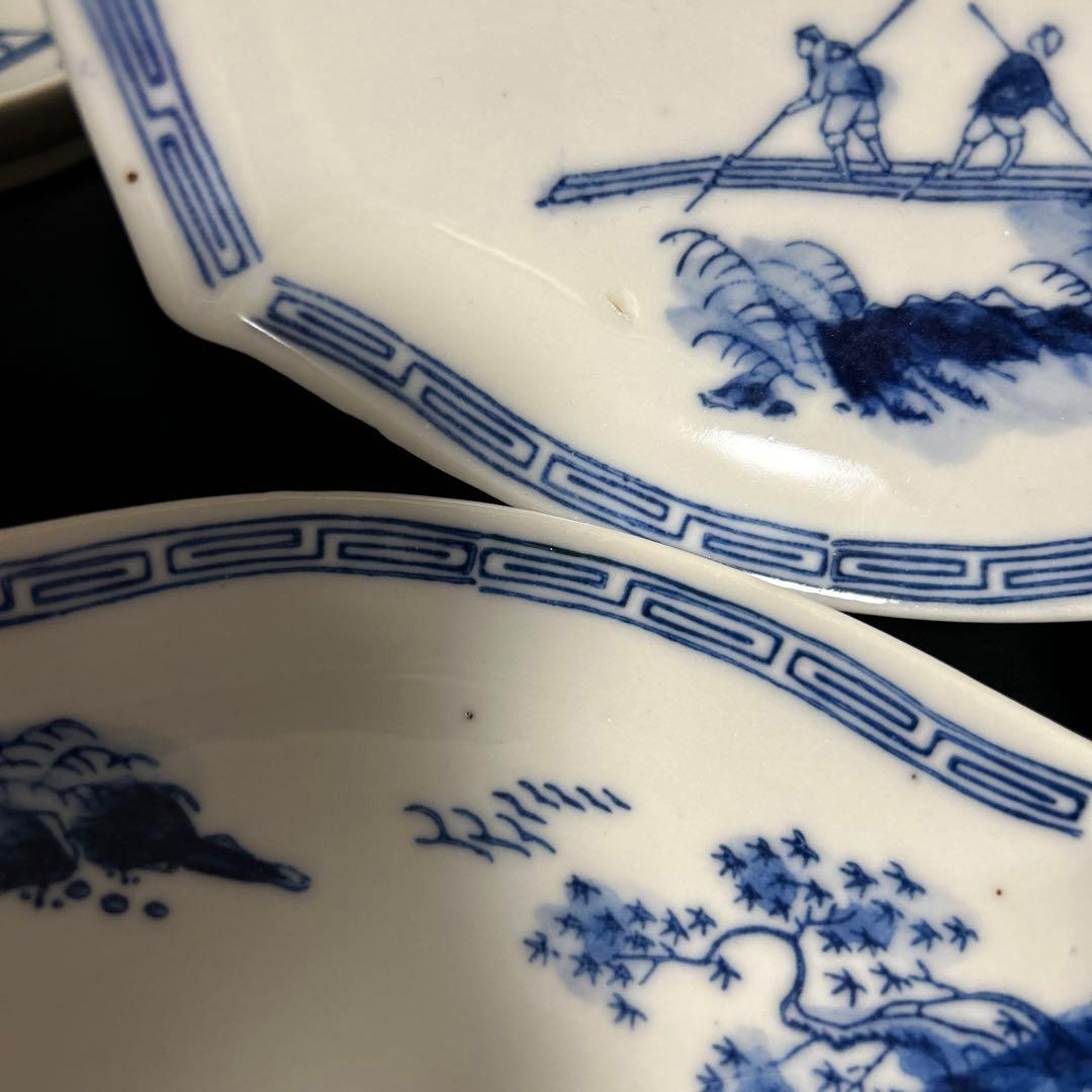 骨董品 古伊万里 染付山水人物画 菱型皿 舟形皿 変形小鉢 アンティーク