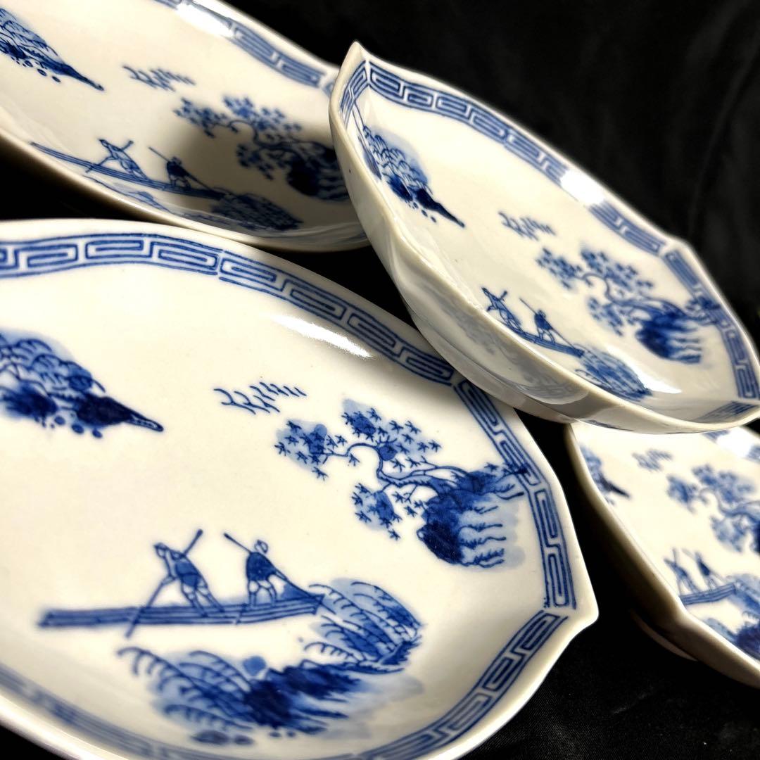 骨董品 古伊万里 染付山水人物画 菱型皿 舟形皿 変形小鉢 アンティーク