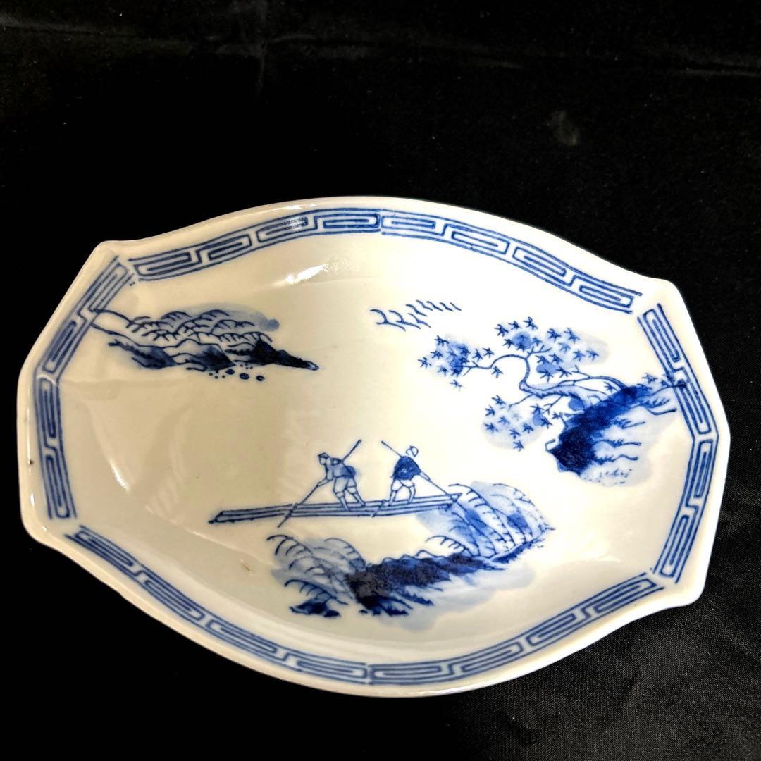 骨董品 古伊万里 染付山水人物画 菱型皿 舟形皿 変形小鉢 アンティーク