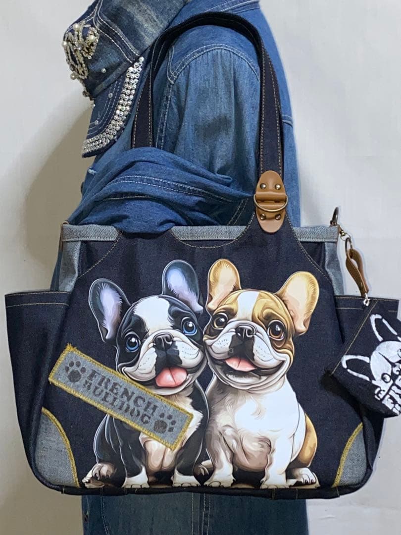 ☆岡山デニム☆ステンシル☆☆フレンチブルドッグ☆4wayあおりバッグ