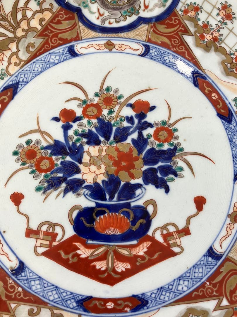 値下！時代物　色絵　金彩　花鳥絵　赤絵　大皿　飾り皿 骨董品　手描き　盛皿　龍