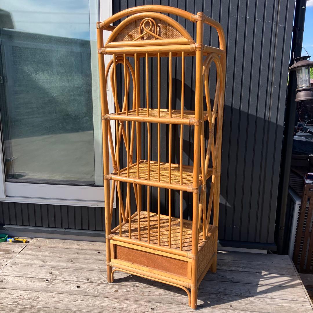 昭和レトロ 古家具 ラタンラック シェルフ 飾り棚 ディスプレイラック オープン