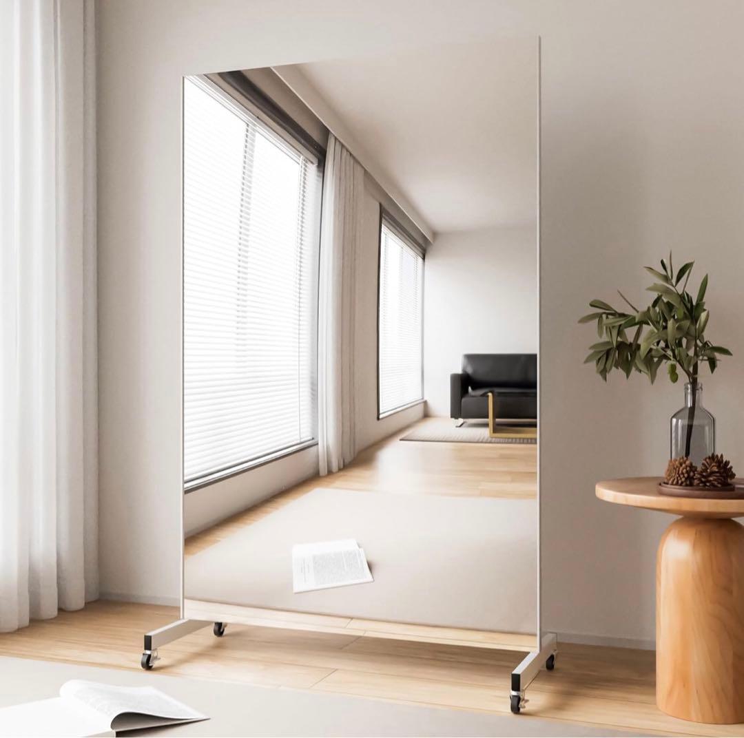 割れない 鏡 姿見 キャスター付きスタンドミラー 大きめ ホワイトフレーム