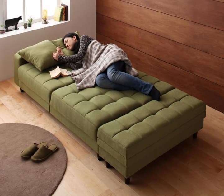 レトロ　収納付ソファベッド　モスグリーン