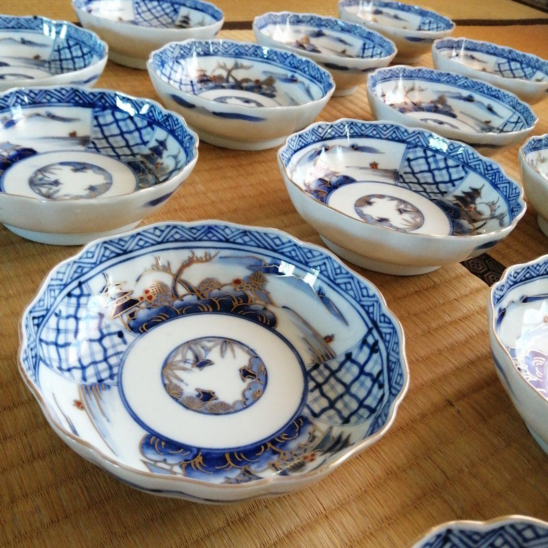 伊万里　染付金彩膾皿　17客　15cm　幕末〜明治期