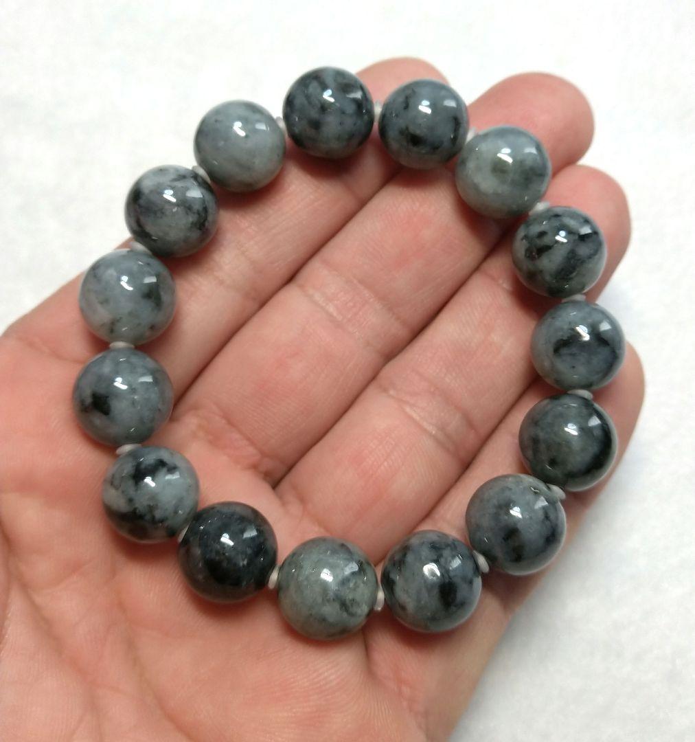 《ミャンマー産》グレイ翡翠　１３㎜　ブレスレット　高品質　美品　珍品