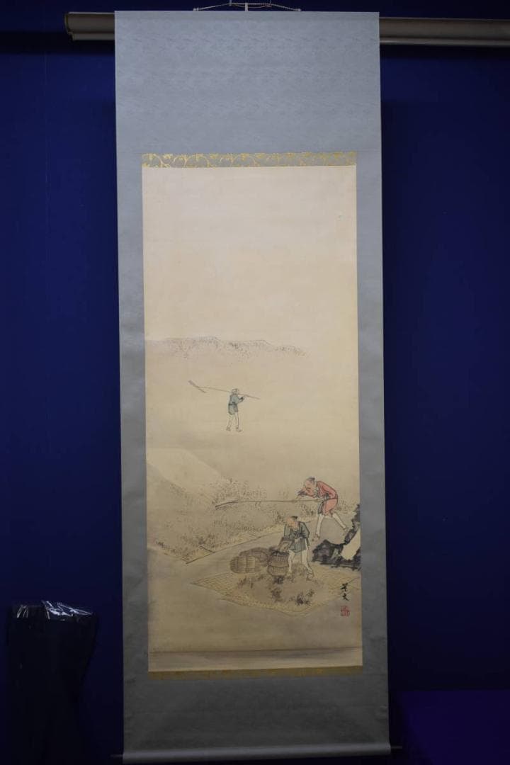 真作/景文/人物収穫図/農耕図/布袋屋掛軸HI-54