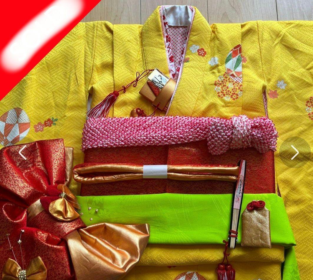 正絹　ぎんざ秀粋　黄色 7歳　七五三着物セット　和装小物　結び帯