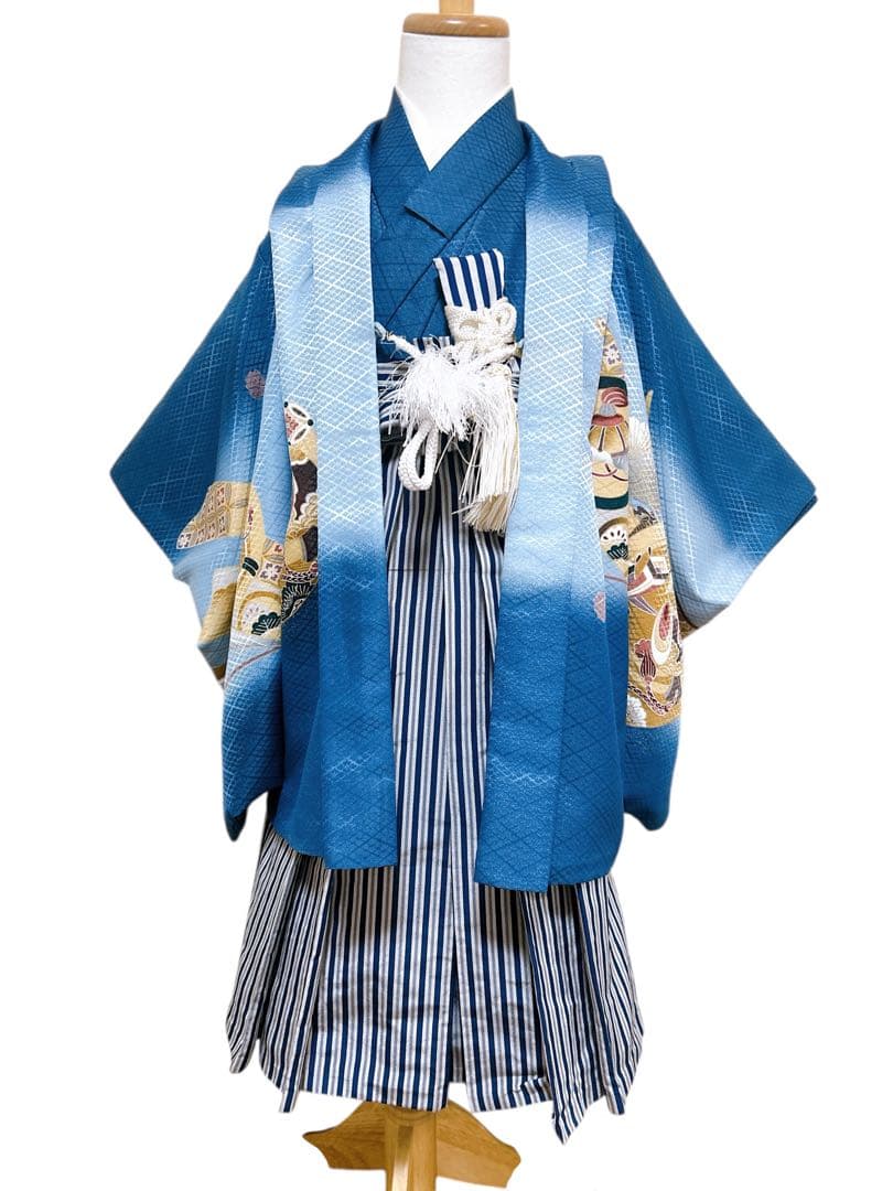 お買い得品♡七五三　小さめ5歳　男の子　フルセット　一式　青系　縦縞袴