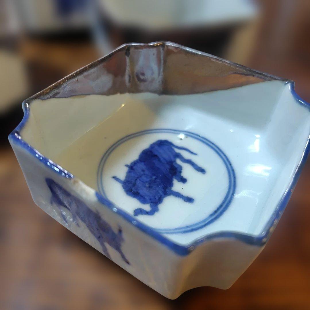 骨董 大日本永楽造 牛染付角皿 ５客