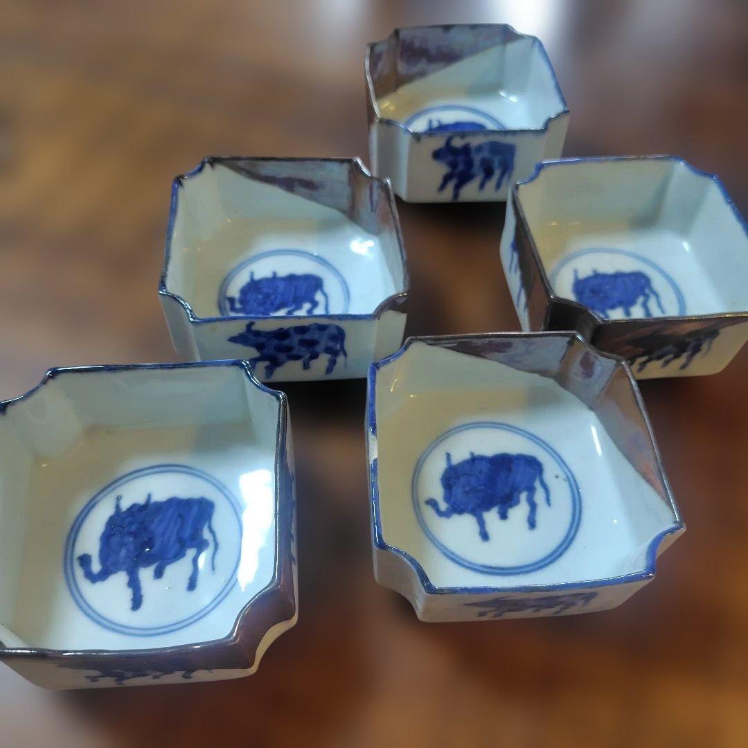 骨董 大日本永楽造 牛染付角皿 ５客