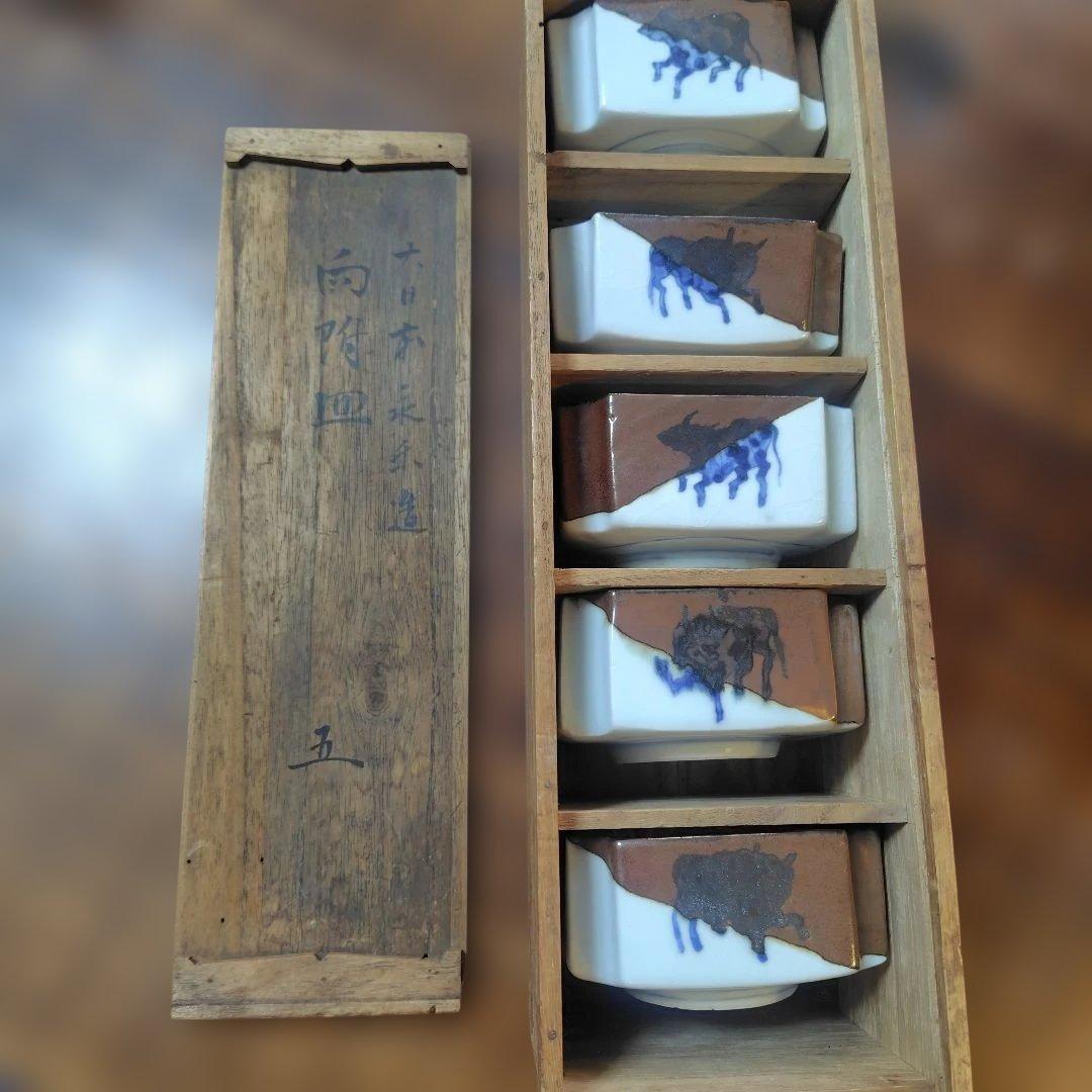 骨董 大日本永楽造 牛染付角皿 ５客