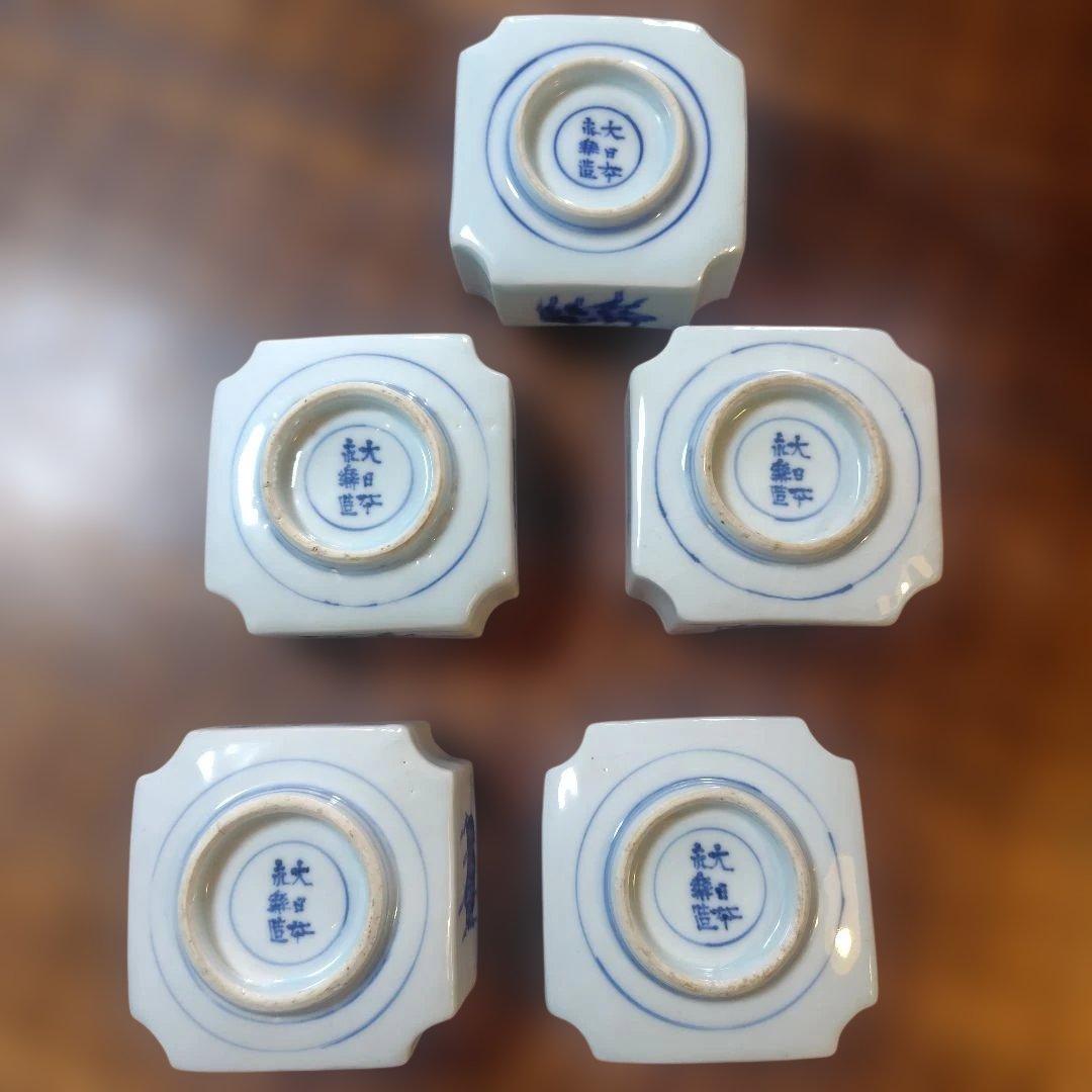 骨董 大日本永楽造 牛染付角皿 ５客