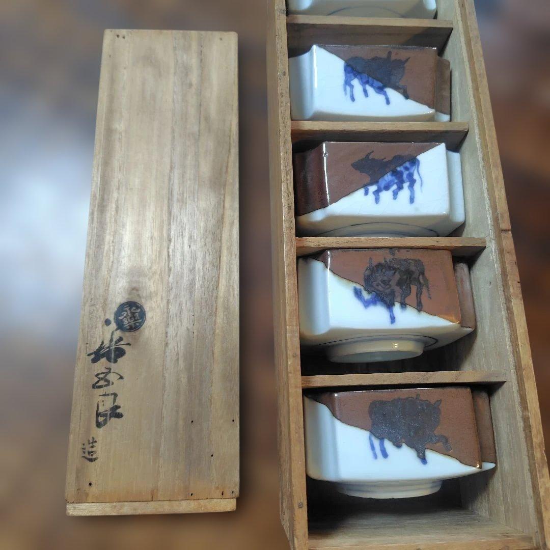 骨董 大日本永楽造 牛染付角皿 ５客