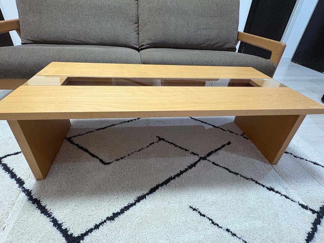 ナチュラルウッド ガラス挿入テーブル