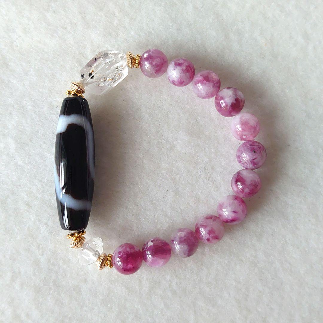 サラちゃん　白蛇天珠ピンクレピドライトオイル入ハーキマーダイヤモンド逸品