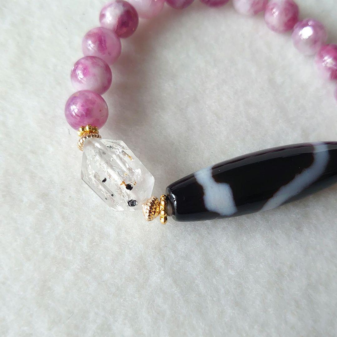 サラちゃん　白蛇天珠ピンクレピドライトオイル入ハーキマーダイヤモンド逸品