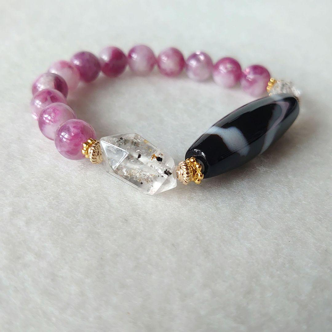サラちゃん　白蛇天珠ピンクレピドライトオイル入ハーキマーダイヤモンド逸品