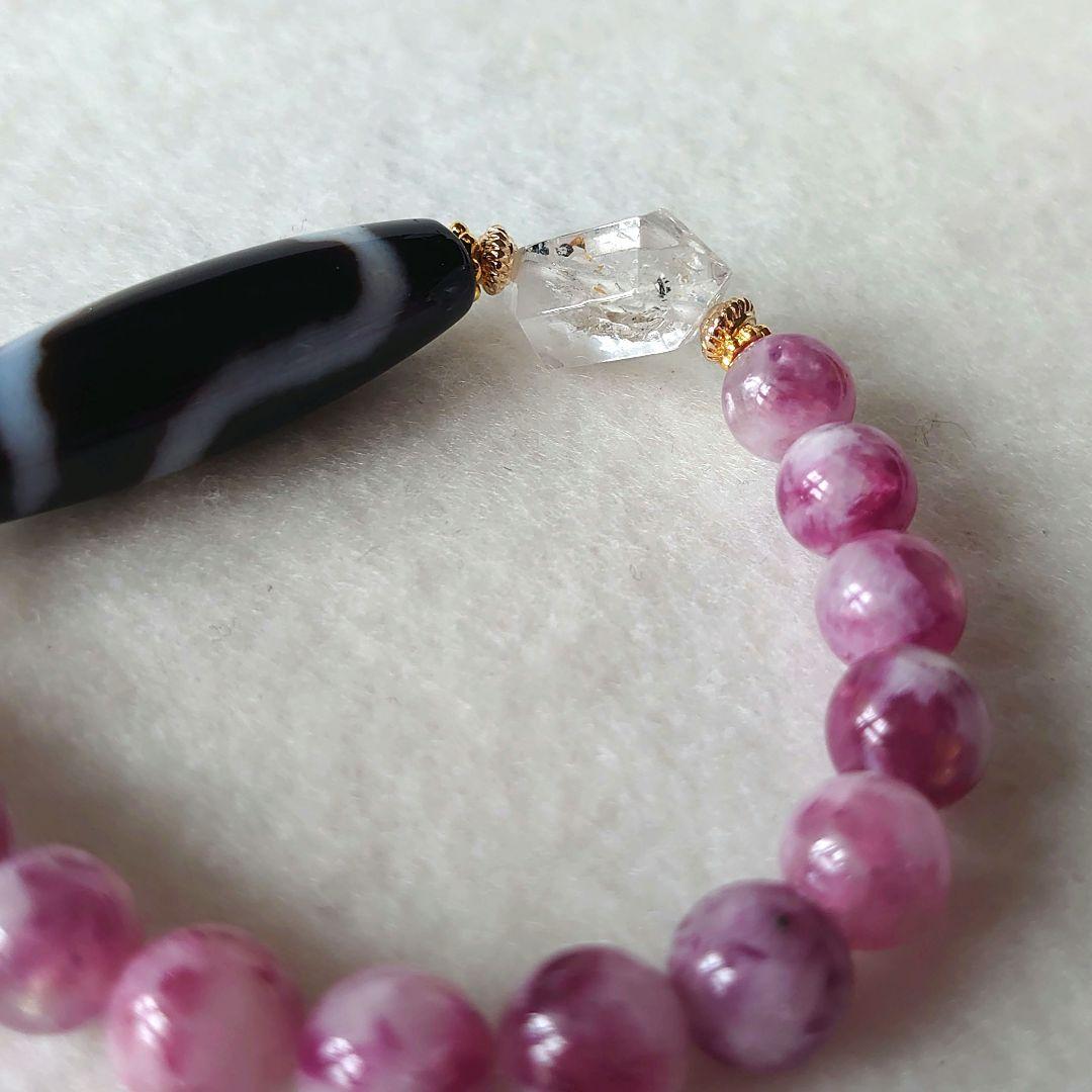 サラちゃん　白蛇天珠ピンクレピドライトオイル入ハーキマーダイヤモンド逸品