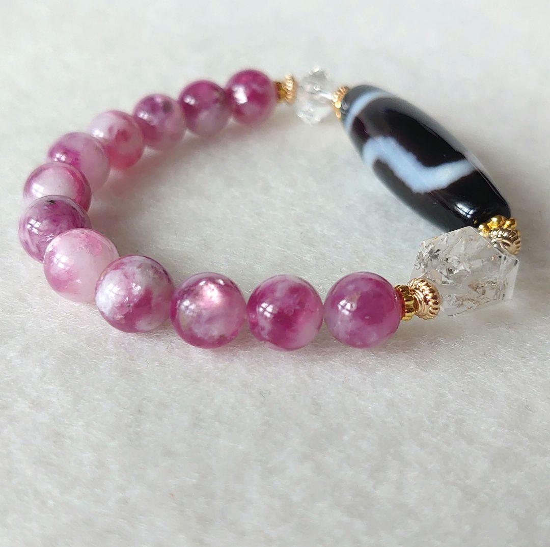 サラちゃん　白蛇天珠ピンクレピドライトオイル入ハーキマーダイヤモンド逸品