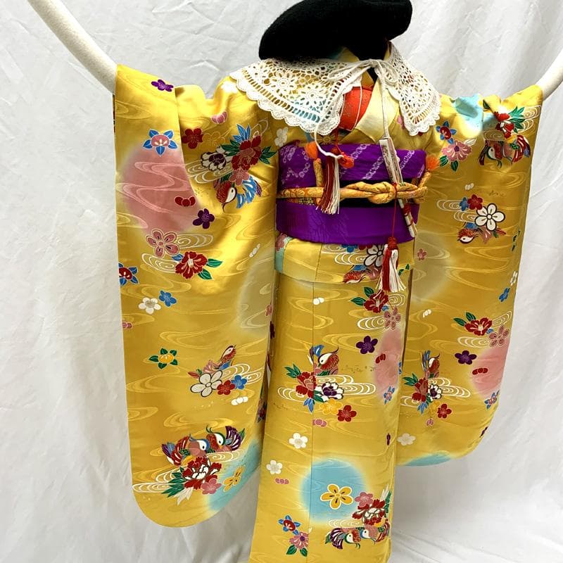 507ag50□七五三 七歳 女児 着物&袋帯 金彩 鴛鴦 鬱金色□美品