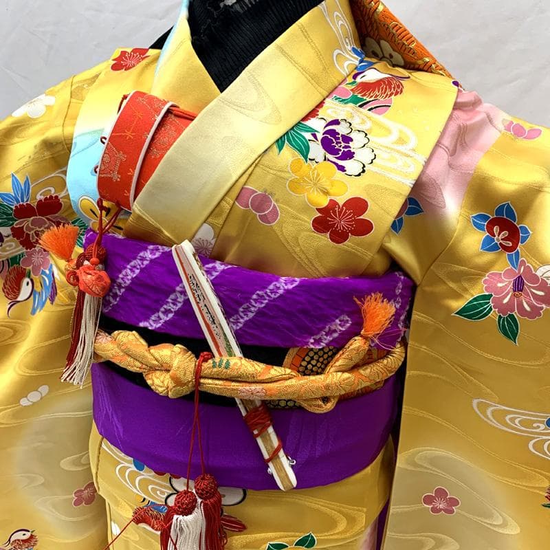 507ag50□七五三 七歳 女児 着物&袋帯 金彩 鴛鴦 鬱金色□美品