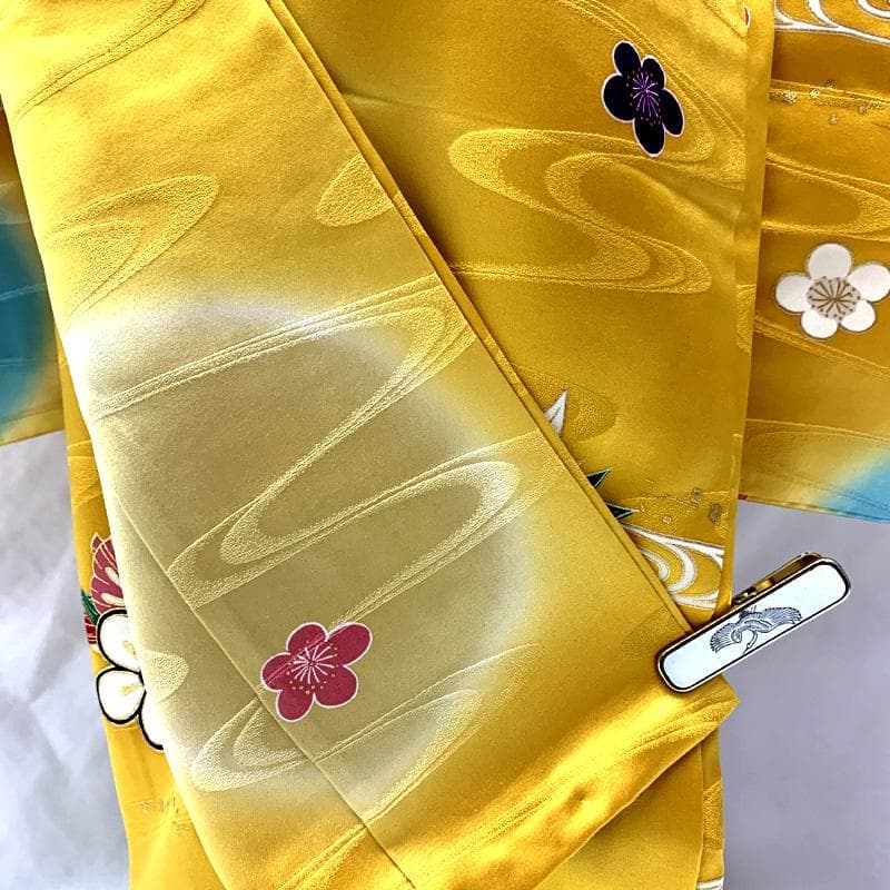 507ag50□七五三 七歳 女児 着物&袋帯 金彩 鴛鴦 鬱金色□美品