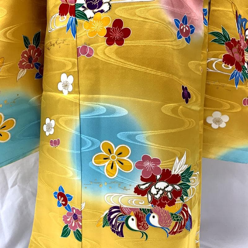 507ag50□七五三 七歳 女児 着物&袋帯 金彩 鴛鴦 鬱金色□美品