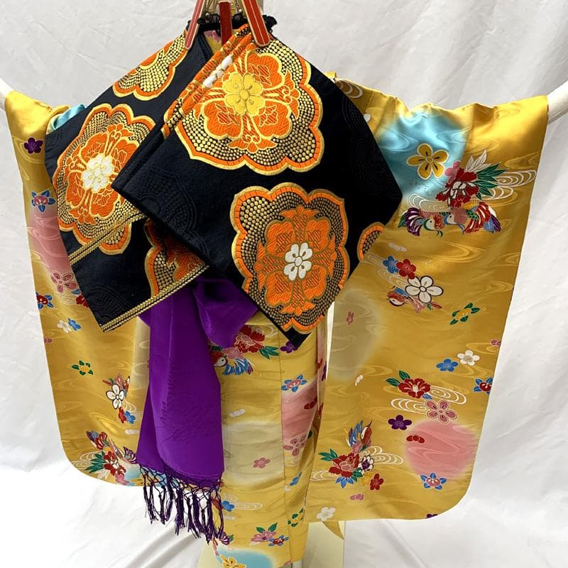 507ag50□七五三 七歳 女児 着物&袋帯 金彩 鴛鴦 鬱金色□美品