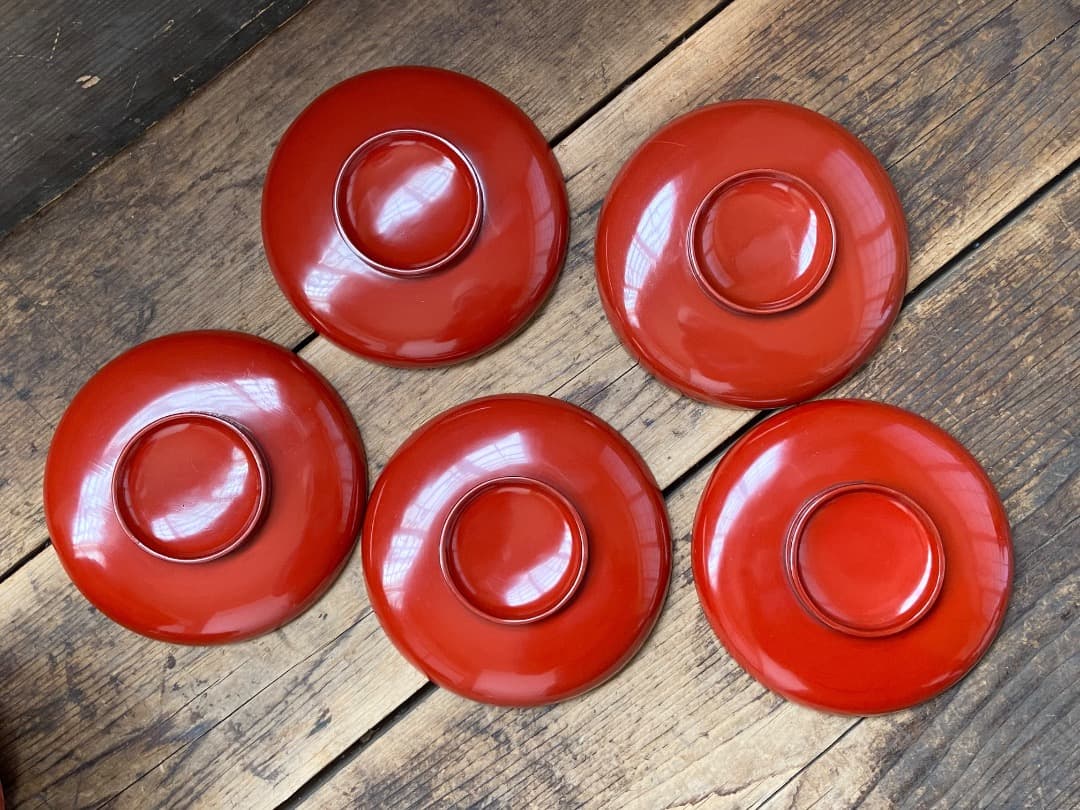 傷あり◎能登蔵出し 輪島塗 朱漆 平椀 5客 / 漆器椀 懐石椀 煮物椀